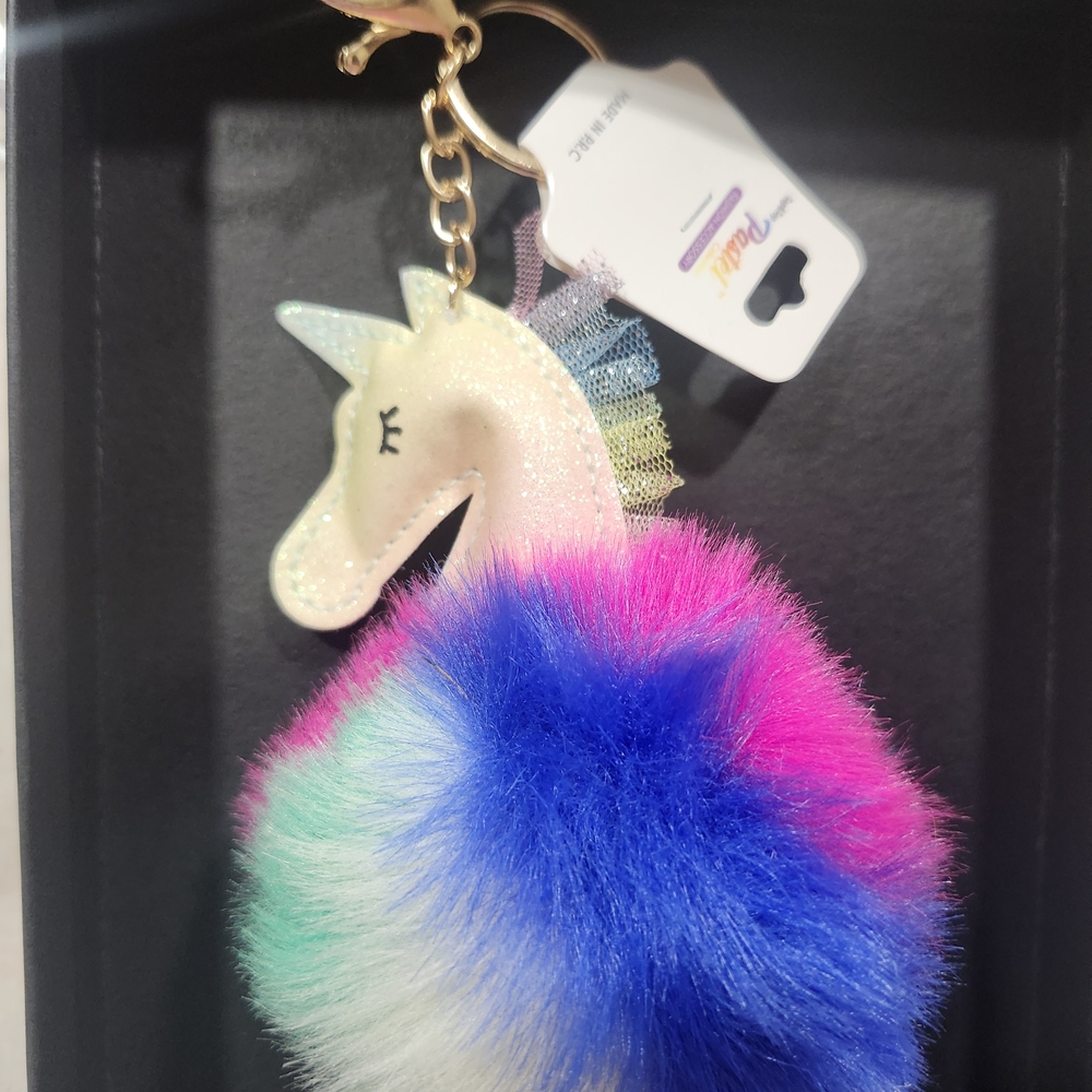 Rainbow Unicorn Pom Pom Keychain